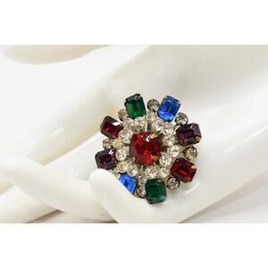 Vintage 1950s Multicolor Rhinestone Brooch Riveted Dimensional Design